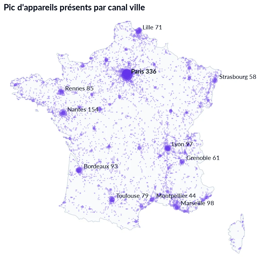 Carte de France des zones où des téléphones Bitchat se sont signalés, Paris en tête