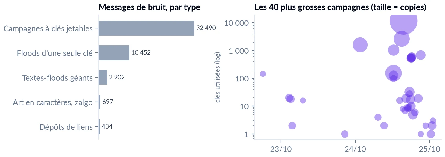 Barres des messages de bruit par type et nuage des 40 plus grosses campagnes
